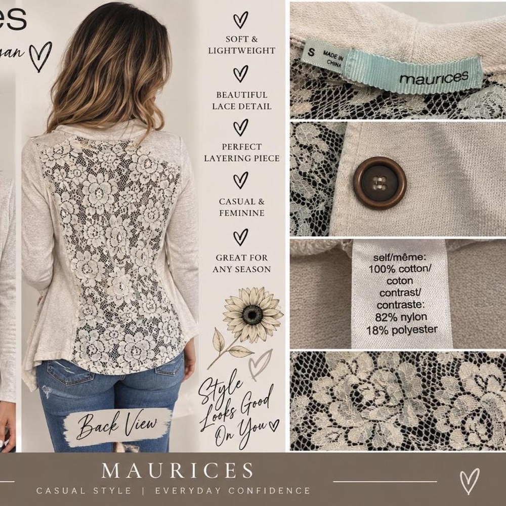 Maurices Ivory Floral Lace Back Cardigan Jacket Size Small